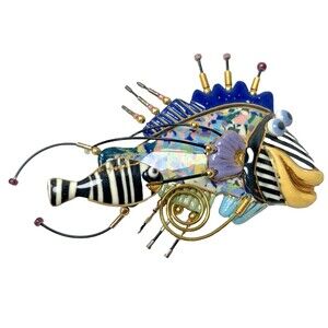 Cynthia Chuang Signed Art Jewelry 3D Fish Brooch Mixed Media Vintage 90s